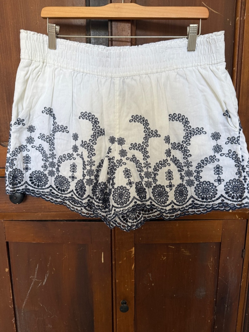 J. Crew White High-Waist Shorts with Navy Embroidered Hem NWOT